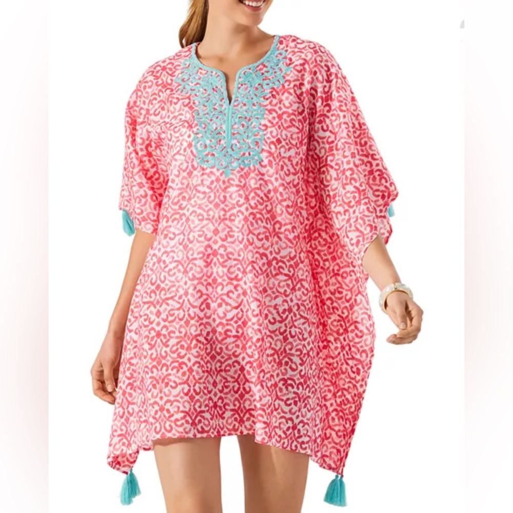 Tommy Bahama Pink Swim Coverup with Aqua Embroidery and Tassels